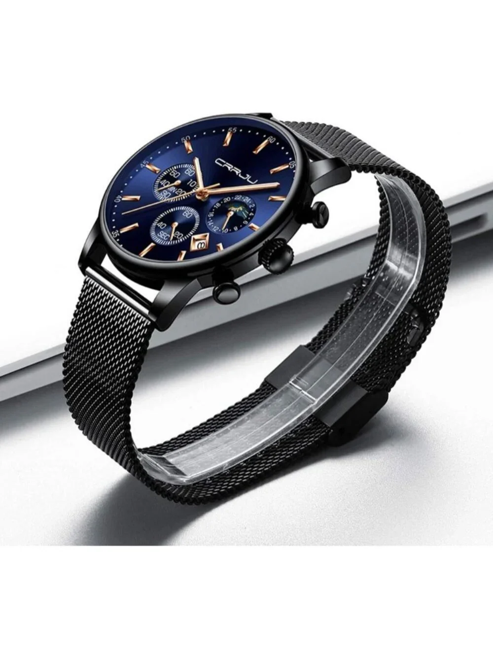 Men Black Blue Chronograph Waterproof Steel Quartz Mesh Strap Casual Round Watch